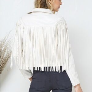 White Fringe Faux Leather Cropped Jacket
